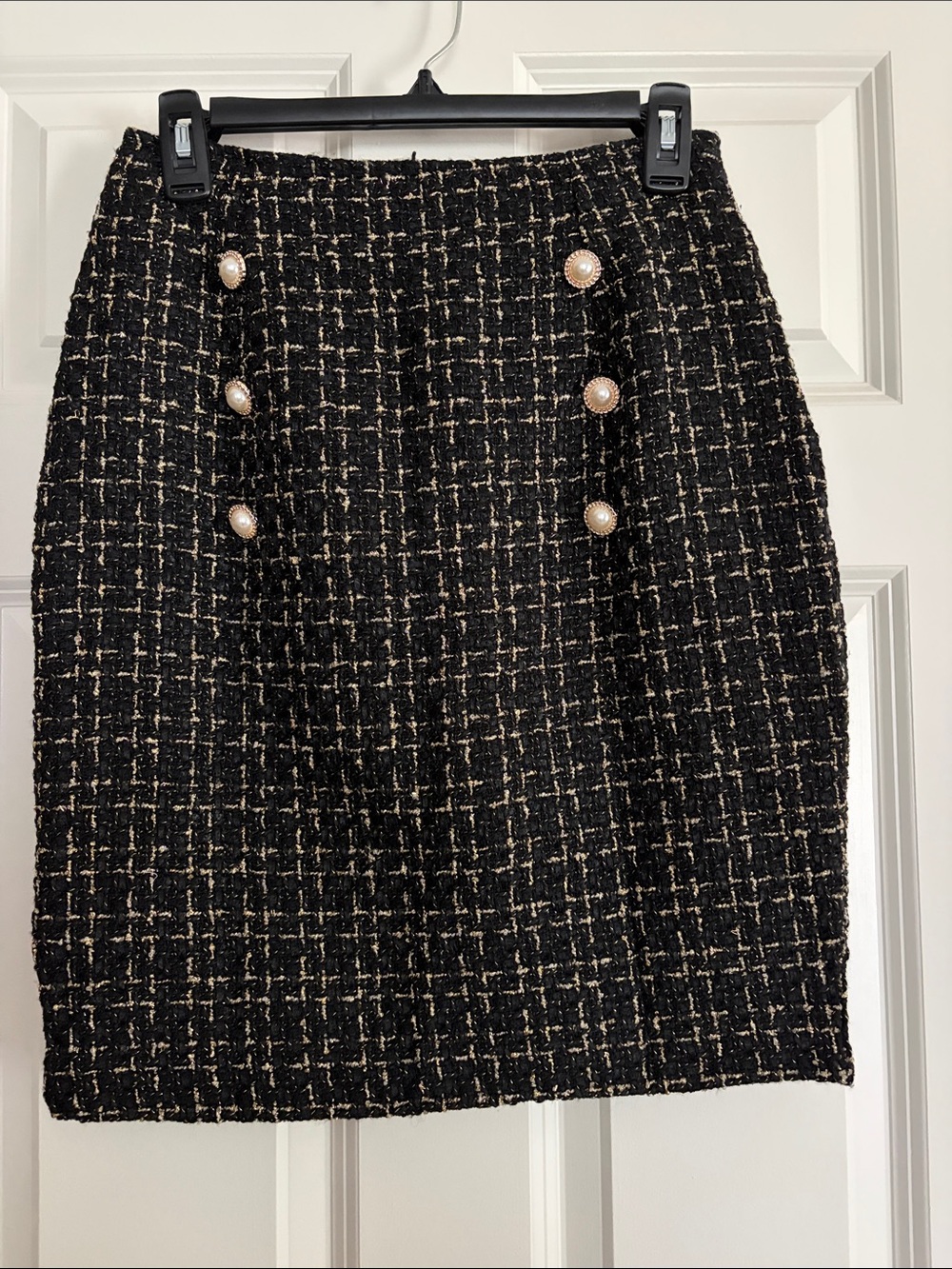 SHEIN Black Tweed Pearl-Button Pencil Skirt